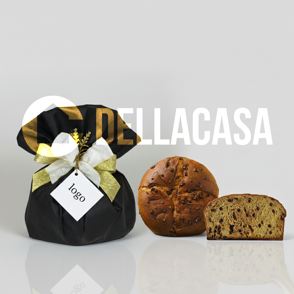 Panettone Pere e Gocce di Cioccolato Fondente (senza lattosio) in cellophane neutro 750gr + Incarto a mano in busta di TNT e nastri a scelta + cartellino piatto interamente personalizzabile. - immagine 2