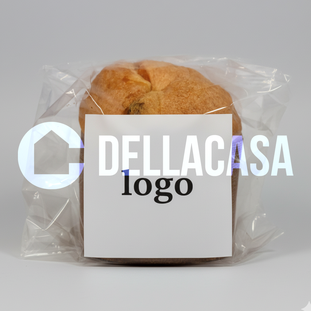 Confezione in cellophane con etichetta 5x5 cm interamente personalizzabile applicata sul fronte - Panettoncino 100g