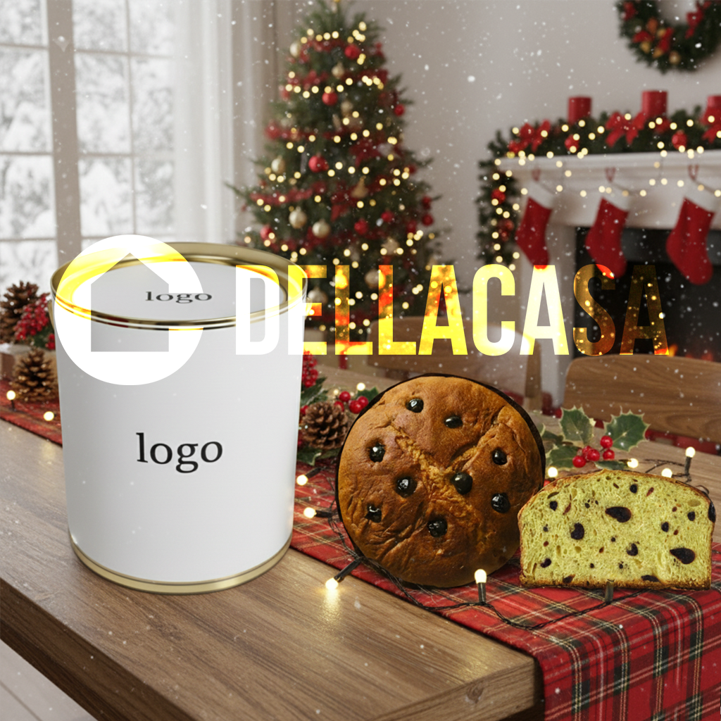 Panettone con Frutti di Bosco Interi (senza lattosio) in cellophane neutro 750gr + Cappelliera con fondo e coperchio in latta, struttura laterale completamente personalizzabile in quadricromia. A scelta è possibile inserire o meno il cordoncino, personalizzare il coperchio o lasciarlo in latta.