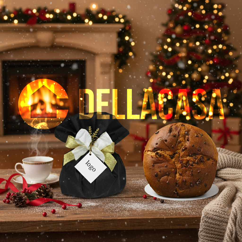 Panettone Pere e Gocce di Cioccolato Fondente (senza lattosio) in cellophane neutro 750gr + Incarto a mano in busta di TNT e nastri a scelta + cartellino piatto interamente personalizzabile.