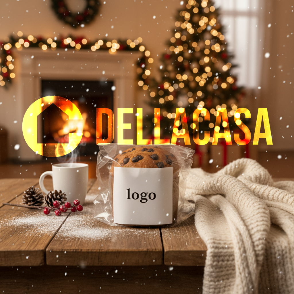 Panettoncino con Gocce di Cioccolato Fondente (senza lattosio) in cellophane neutro 100gr + Confezione in cellophane con etichetta 5x5 cm interamente personalizzabile applicata sul fronte.